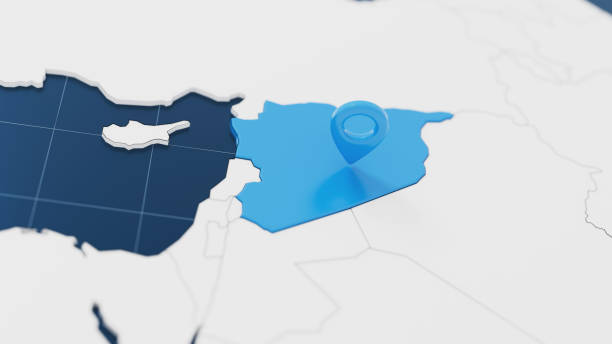 Blue Syria 3d map with pointer pin surrounded with other countries in white. Political map with borders. 3d render illustration.