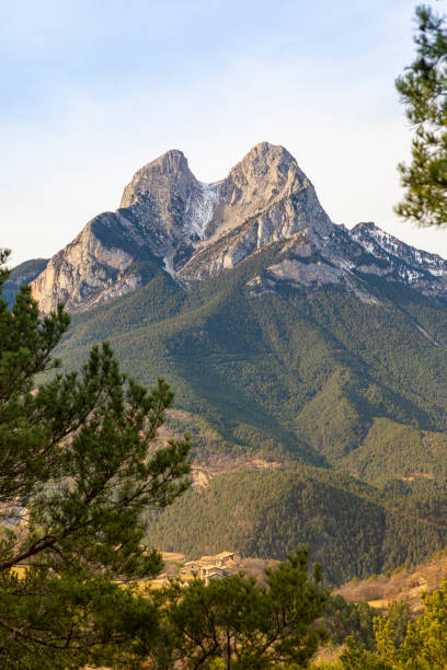 Pedraforca covered in snow, winter 2025. The forest got  winter colors, intense brown everywere.Amazing mountain in Catalonia.