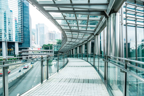 Empty elevated walkway in hong kong business district with skyscrapers and traffic