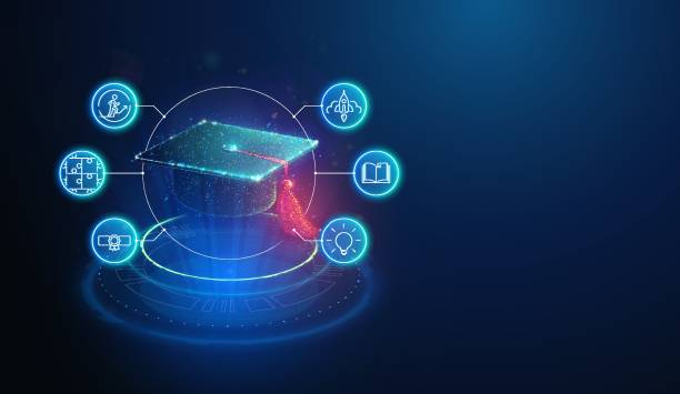 istock Abstract illustration of graduation cap made of glowing neon particles with education lineart icons. Blue geometric background depicting education and scholarship concept. Digital vector illustration 2194361754