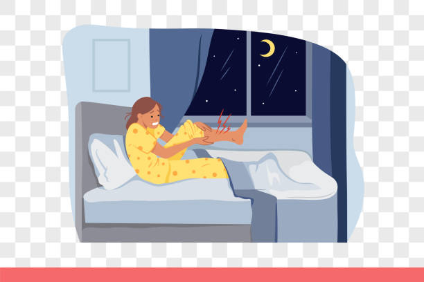 Cramp in leg woke up girl sitting in bed near window with starry sky, and holding onto sore spot Cramp in leg woke up girl sitting in bed near window with starry sky, and holding onto sore spot. Problems of night cramp causing insomnia and lack of healthy sleep, arose due to muscle spasm woman feet bed stock illustrations