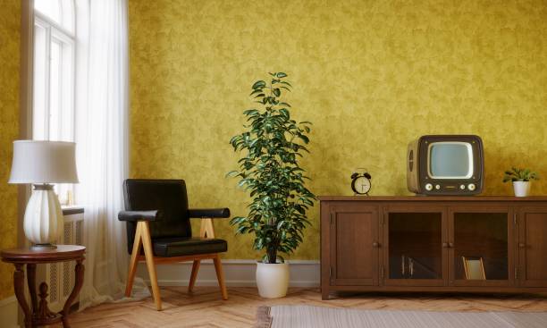 istock Retro living room interior with yellow wallpaper 2194362329