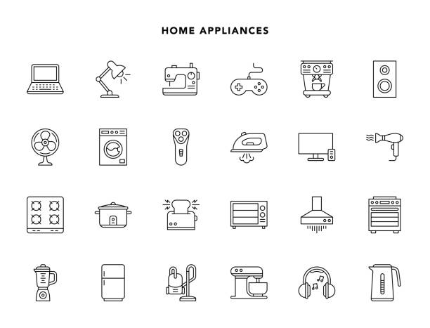 stockillustraties, clipart, cartoons en iconen met home appliances - line icons - ketel huishoudelijk apparaat