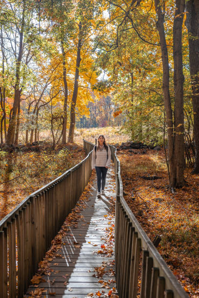 istock Woman backpacker solo exploring upstate New York during peak Autumn 2194364861