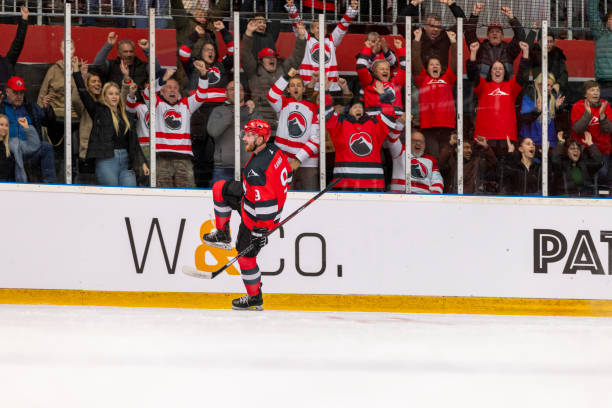 istock Ice Hockey Goal Celebration: Player Celebrating with Cheering Fans 2194366110