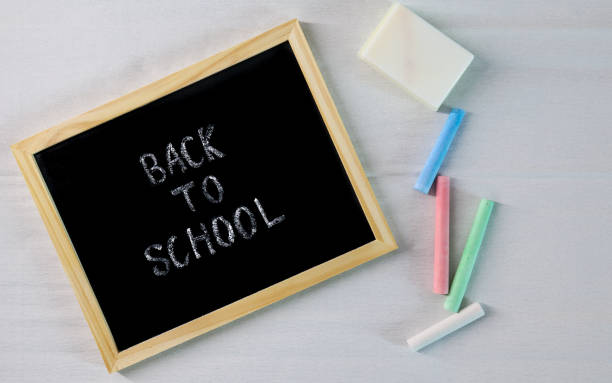 istock chalkboard with back to school text, colorful chalk sticks and eraser on light wooden surface, symbolizing education, learning, and preparation for classes 2194366926