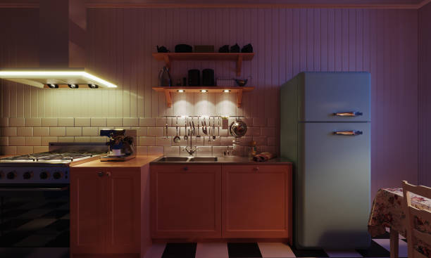Cozy retro kitchen interior at night Vintage kitchen interior design with retro furniture, night scene. (3d render) retro 1950s kitchen stock pictures, royalty-free photos & images