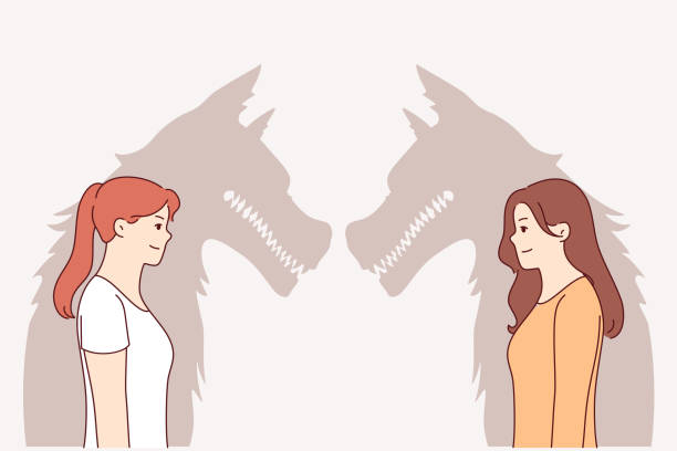 Woman werewolves with bad intentions smile, hiding evil nature and desire to harm partner Woman werewolves with bad intentions smile, hiding evil nature and desire to harm partner. Girls werewolves with shadow of wolves demonstrate duplicity and aggression hidden behind positive emotions woman stealth stock illustrations