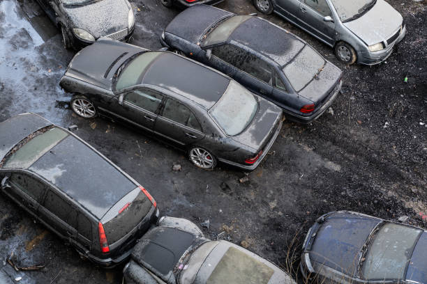 yard of a residential house with parked cars, the concept of neighborhood and population