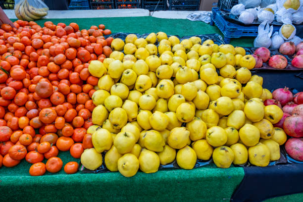 A table full of fruit including oranges, lemons, and apples. The oranges are piled on top of the lemons