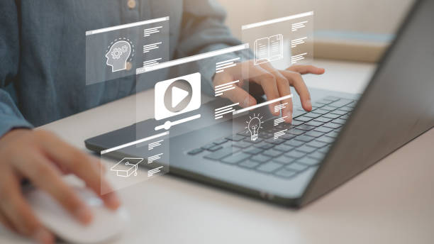 istock Concept of Online Education. Men use Online education training and e-learning webinars on the internet for personal development and professional qualifications. Digital courses to develop new skills. 2194377612