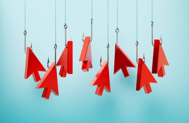 istock Red Mouse Pointers Hooked By Fishing Hooks On Blue Background - Phishing Concept 2194378901