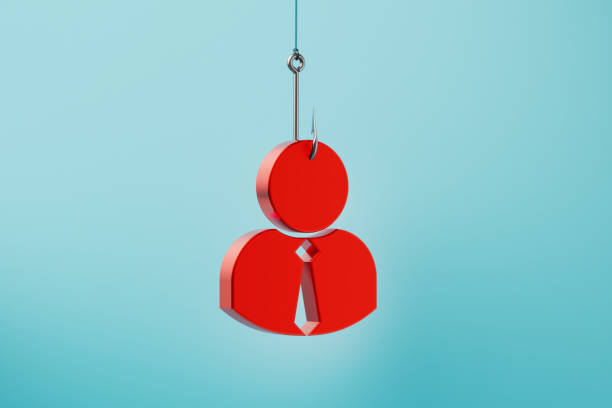 istock Red Man Icon Hooked By Fishing Hook On Blue Background - Recruitment Concept 2194378947