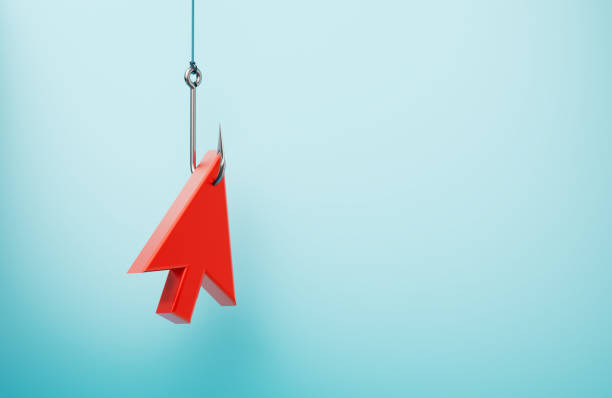 istock Red Mouse Pointer Hooked By Fishing Hooks On Blue Background - Phishing Concept 2194379043