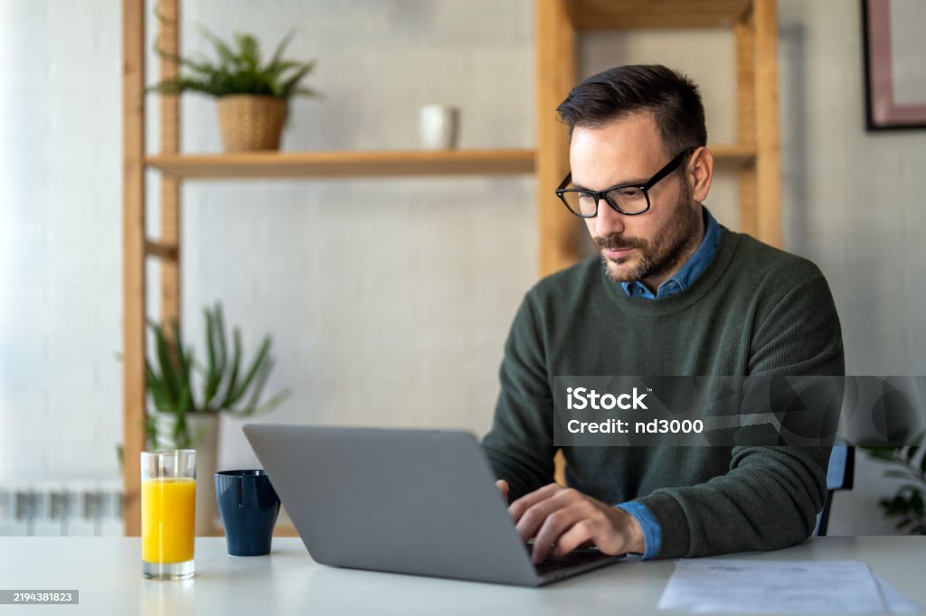 Computer Men Typing Success Man Typing On Laptop Communicating Online Distantly Working Or ...