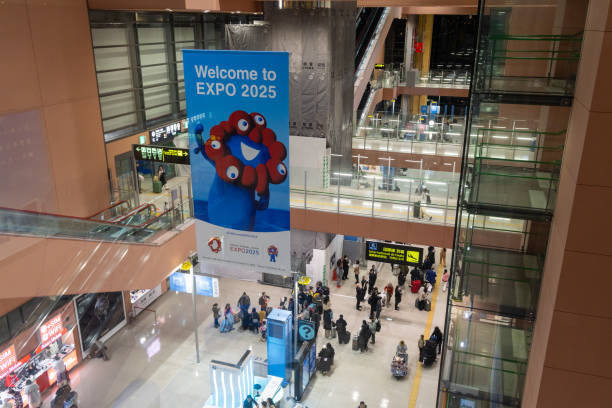 Izumisano, Japan - January 14, 2025 : A banner promoting the 2025 World Expo is hung in Kansai International Airport, Izumisano, Osaka, Japan.