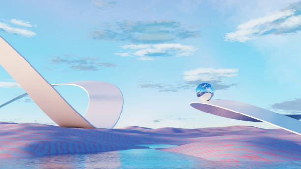 istock 3D render, futuristic surreal landscape with floating glass sphere on sleek curved platforms over pastel desert. 2194389411