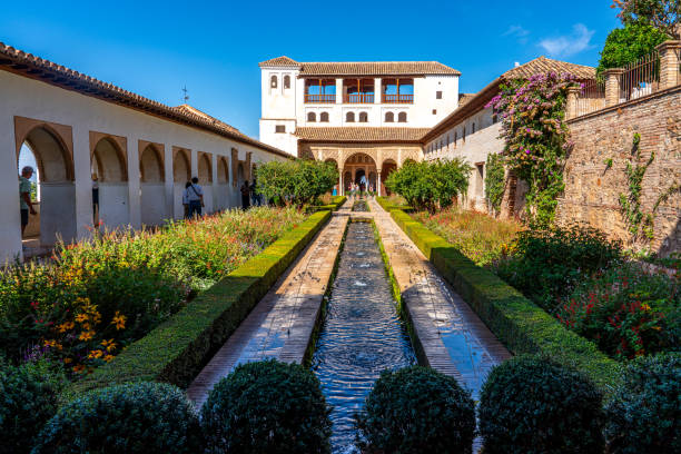 Tourists are visiting Alhambra, Generalife and Albayzin (Generalife y Albaicín de Granada), UNESCO site, Granada, Andalusia, Spain.