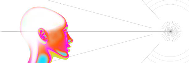 Banner. Creative art design. Colorful human profile gazing forward with geometric lines projecting, evoking futurism and scientific exploration. Concept of people and metaverse, technology. Ad