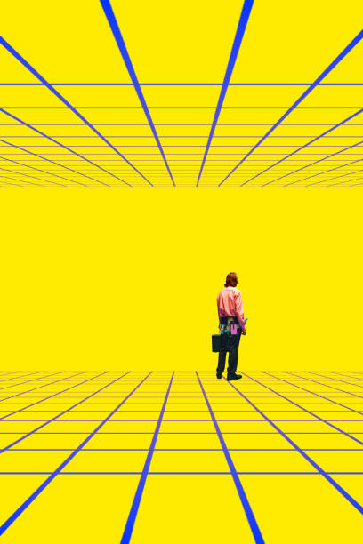 istock Modern artwork. Single figure walking into bright geometric grid space, symbolizing exploration of infinite possibilities in futuristic worlds. 2194391317