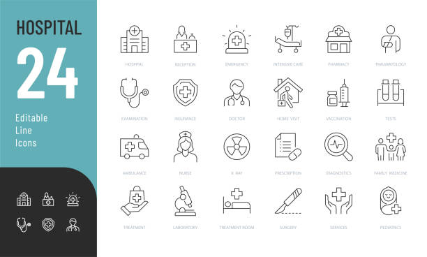illustrazioni stock, clip art, cartoni animati e icone di tendenza di set di icone modificabili della linea ospedaliera. - ambulatorio medico