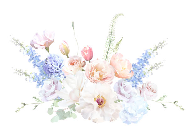Bridgerton inspired pastel floral vector design bouquet. Blue delphinium, white peony, magnolia, pink tulips, rose vector art illustration