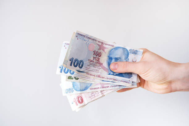 istock Male hand holding many Turkish liras on gray background 2194398966