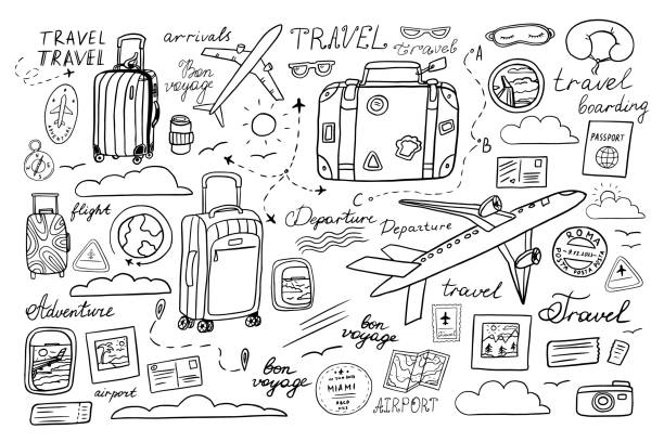 Travel set. Suitcase, baggage, plane, fly, ticket, flight, boarding pass, clouds, view from the window, postage stamp, passport stamp, passport, route. Hand drawn Travel set. Suitcase, baggage, plane, fly, ticket, flight, boarding pass, clouds, view from the window, postage stamp, passport stamp, passport, route. Hand drawn travel stock illustrations