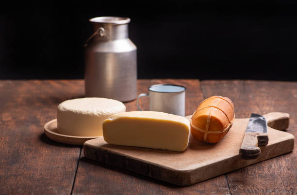Close up of fresh spanish arzua cheese in a rural market.