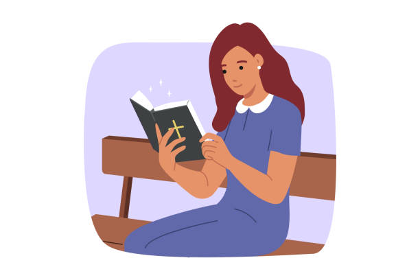 Woman reads bible sitting on park bench and studying religious rules and history of christianity Woman reads bible sitting on park bench and studying religious rules and history of christianity. Book of bible with catholic crucifix on cover in hands of smiling girl studying gospel Worshipper stock illustrations