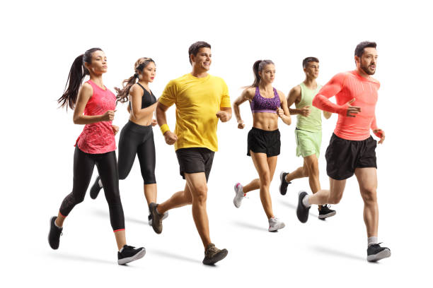 Group of young men and women running