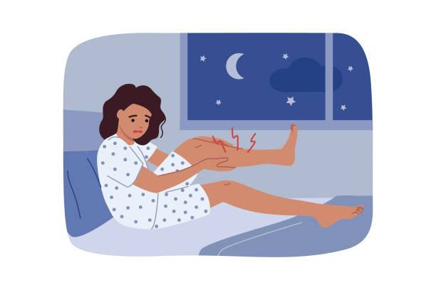 Sharp cramp woke up woman, clutching at leg lying in bed, experiencing pain prevented from sleeping Sharp cramp woke up woman, clutching at leg lying in bed, experiencing stabbing pain prevented from sleeping. Problem of night cramps worries teenage girl lying near window overlooking starry sky. woman feet bed stock illustrations