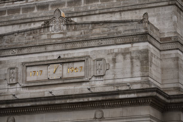 Art Deco Architecture: Plinth of Freemasons Hall Building (1920s) Clock, British Architectural Heritage, Covent Garden, London, England, UK
