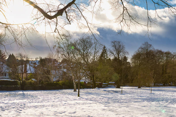 istock Snowy Field with Houses and Deciduous Trees in Harrogate, UK. 2194441181