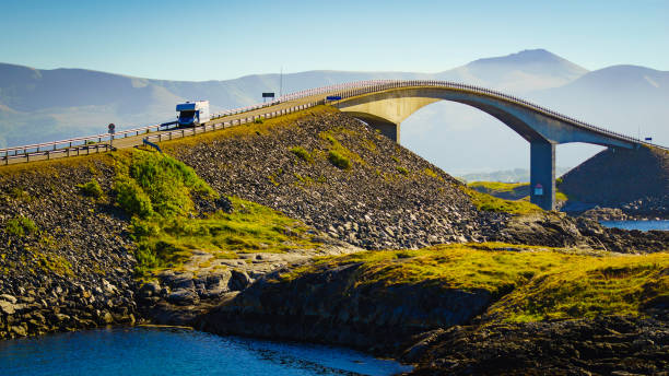 World famous Atlantic road bridge Atlanterhavsvegen in Norway Europe. Norwegian national scenic route. Tourist attraction.