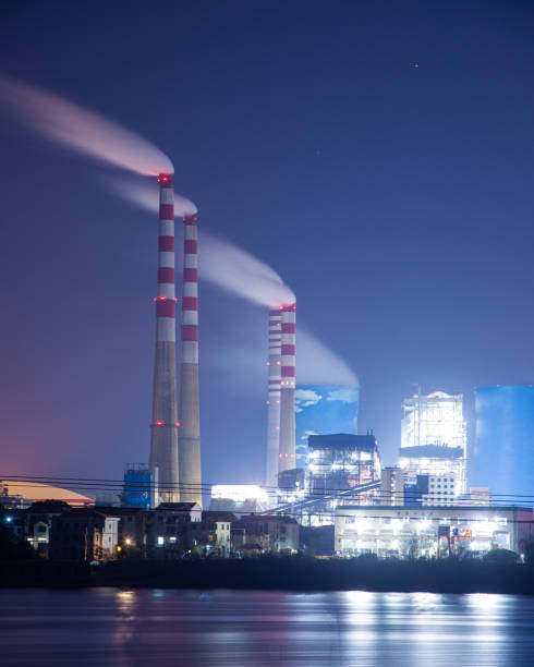 Electric power plant reflection in blue hour