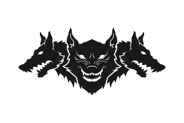 ilustrações de stock, clip art, desenhos animados e ícones de three-headed cerberus dog, wolf, werewolf - cut out vector toothy dog heads silhouette, icon, logo, tattoo, sticker - canino dente