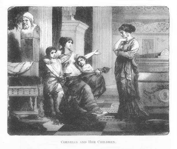 Cornelia (c. 190s – c. 115 BC) is held up as a virtuous Roman woman. Cornelia was interested in literature, writing, and her investment in the political careers of her sons.  Engraving published 1882. Original edition is from my archives. Copyright has expired and is in Public Domain.