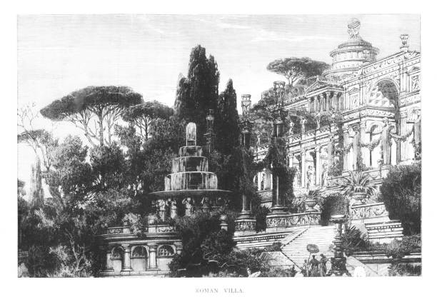 A mansion and fountain in ancient Rome, Italy. Illustration published 1882. Original edition is from my own archives. Copyright has expired and is in Public Domain.