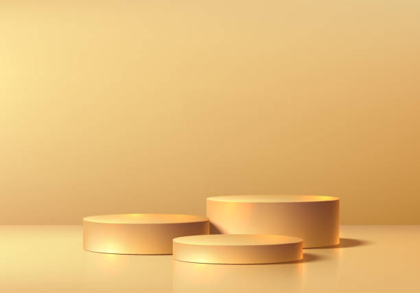 istock 3D golden round podium set background in luxury style. Abstract geometric composition in minimalist design. 3D studio display showroom product pedestal, Fashion stage showcase mockup wall scene. 2194482944
