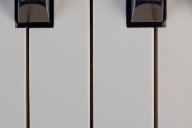 black and white piano keys in close-up, part of a piano or grand piano keyboard in white and black view from above
