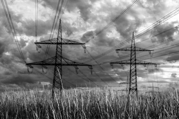 Electricity pylons with power lines in black and white