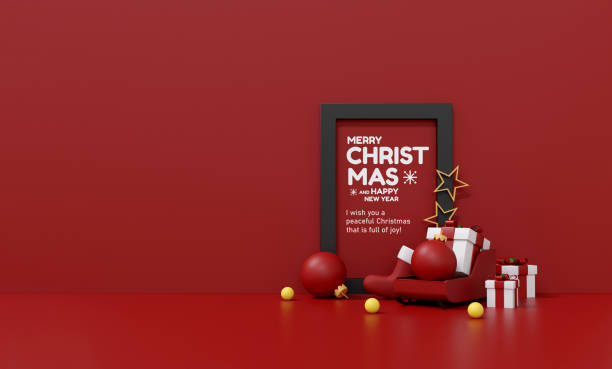 istock Modern Christmas holiday scene with gift boxes, ornaments and empty frame on red background. for seasonal promotions, advertisements and festive designs. 3D Illustration 2194491340