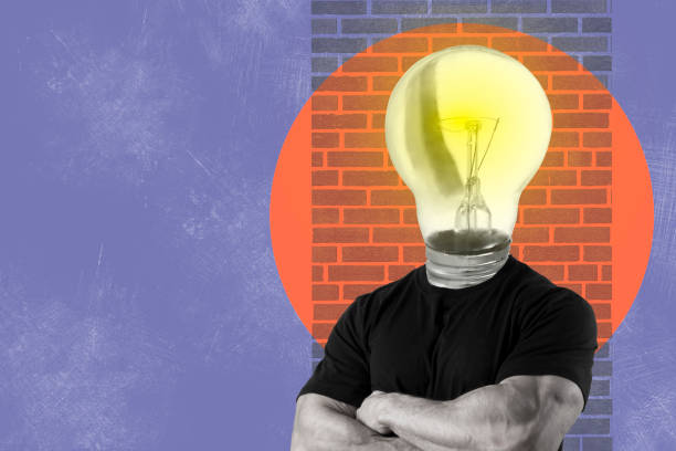 Collage with man and light bulb on orange and blue colored background