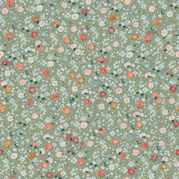 istock Floral pattern. Beautiful red, pink and green flowers on a green background. Seamless vector texture. Spring bouquet in vintage style. 2194501782