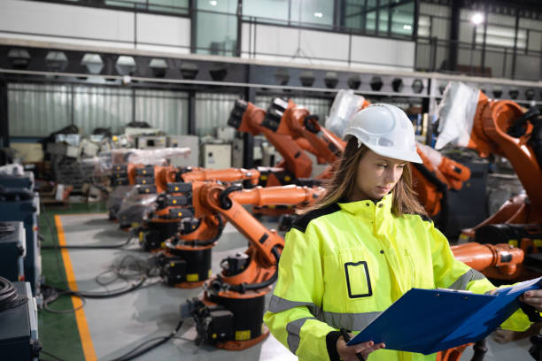 istock Business or engineer Caucasian woman holding document with robot arm background 2194503155