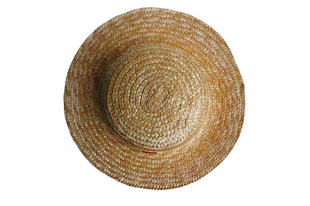 istock A straw hat with a red ribbon tied around it. The hat is sitting on a white background 2194509780