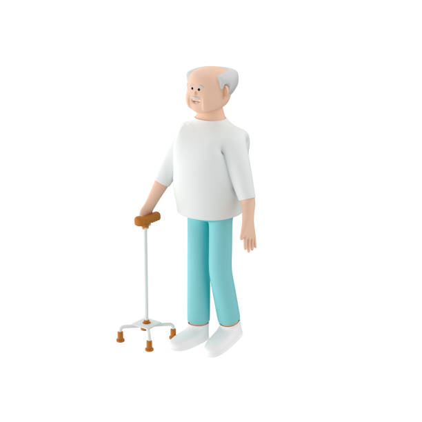 Senior male character walking using a quad walking stick, 3d illustration