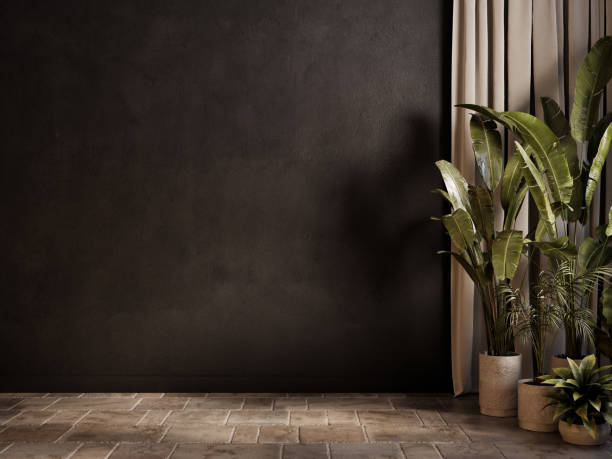 istock Black empty loft interior with tile and potted plants. 3d render illustration mockup. 2194512148