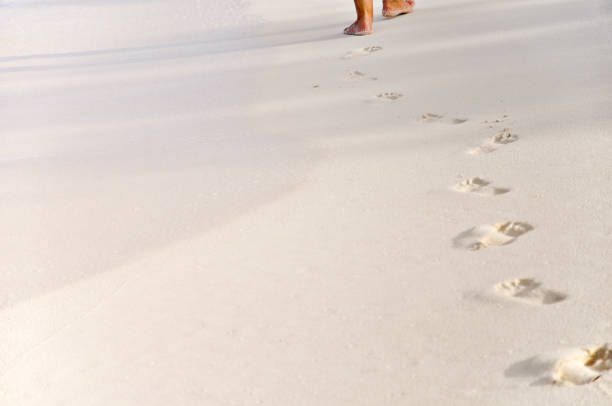 Distant woman walking on sand beach leaving footprints behind, female feet on golden sand of tropical island sunny summer beach